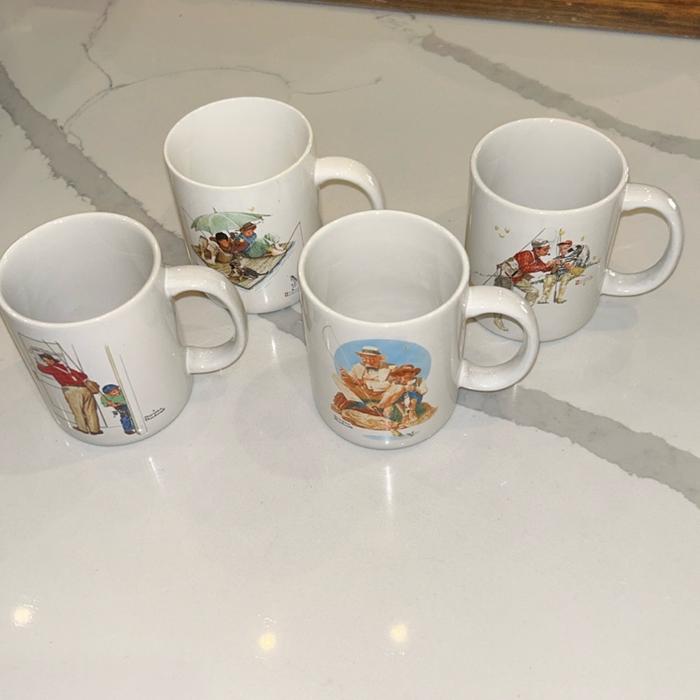 Norman Rockwell 1987 Museum Collection fishing themed set of 4 mugs